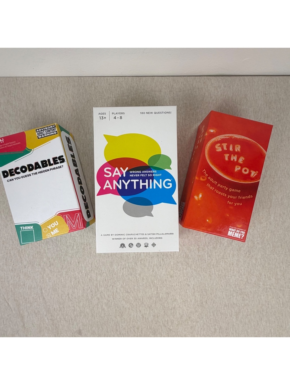 3 Party Game Bundle Decodables Stir the Pot Say Anything Adult 17+